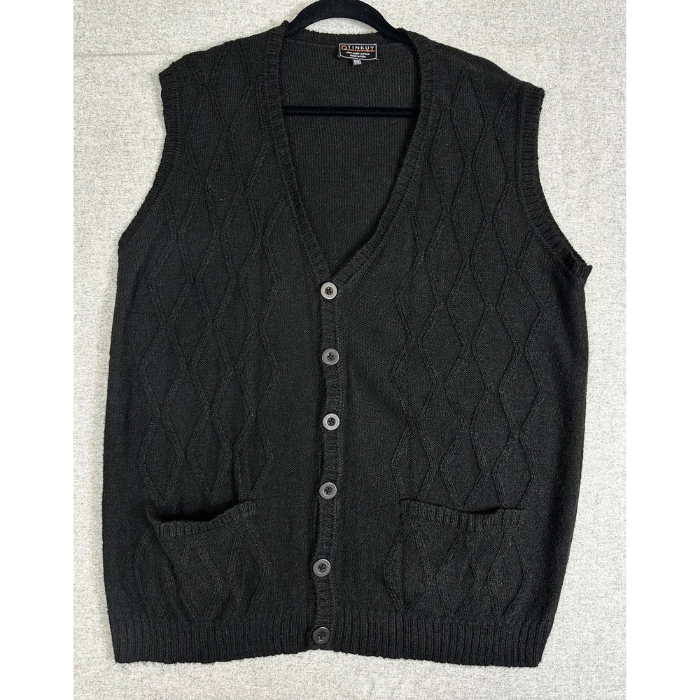 Tinkuy‎ Cardigan Sweater Vest Mens XXL Black 100% Baby Alpaca Diamond Knit Peru
